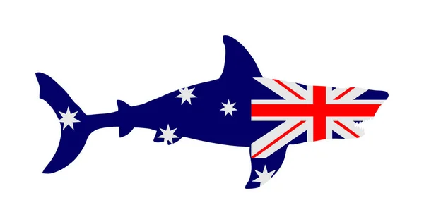 Bandera Australiana Sobre Silueta Vectorial Tiburón Aislada Blanco Depredador Marino — Vector de stock