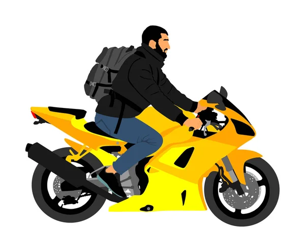 アスファルトの道路ベクトルイラストに沿ってオートバイに乗るバイカー 自由活動だ自転車で道路を移動する バックパック付きのオートバイの男 バイク乗りの少年 自由独立 — ストックベクタ