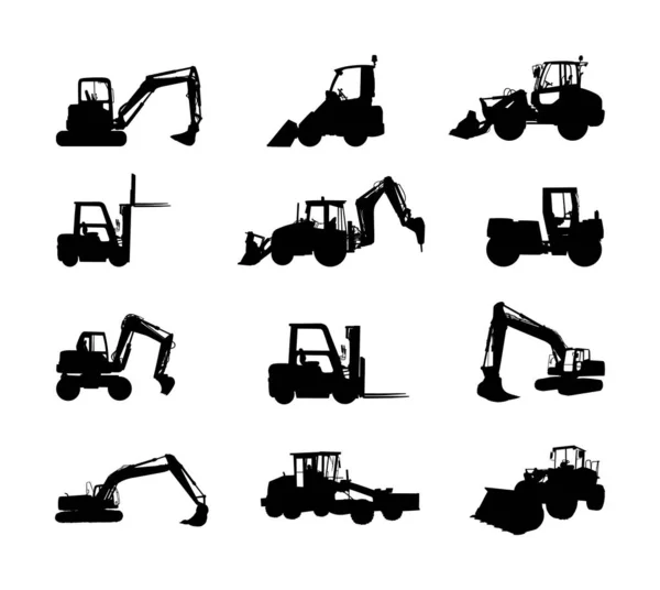 Büyük buldozer yükleyici vektör silueti beyaz üzerine izole edilmiş. Tozlu kazıcı, kazıcı dozer. İnşaat halinde. İnşaat makinesi çağrı cihazı. Motor greyderi, forklift kargo arabası, yol silindiri, asfalt kaldırıcı.