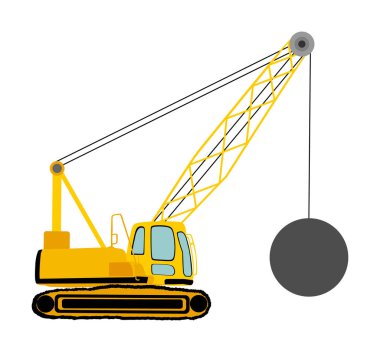 Yıkım topu vinç çizimi beyaza izole edildi. İnşaat halinde. Duvarı yıkmak için endüstriyel yapı makinesi. Yıkım vinci. Ağır endüstri ekipmanları. Arazi temizleme kavramı.