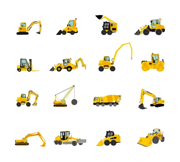 Big Set Bulldozer Loader Vector Isolated White Dusty Digger Excavator — Stock Vector
