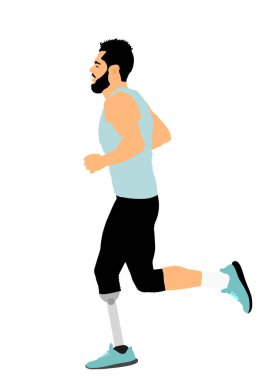 Beyaz arka planda izole edilmiş protez bacak çizimi olan sporcu maratonu koşucusu. Aktif hayatı engelli sporcu çocuk. Kesilmiş protez bacağı ve güçlü iradesi olan bir sporcu..