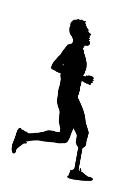 Beyaz arka planda izole edilmiş protez bacak vektör silüeti olan sporcu maratonu koşucusu. Aktif hayatı engelli sporcu çocuk. Kesilmiş protez bacağı ve güçlü iradesi olan bir sporcu..