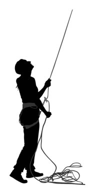 İpli bir kadın, kaya tırmanışı eğitmeni, bir başka tırmanışçıya, beyaza izole edilmiş kaya vektörü siluetinde rehberlik ediyor. Ekstrem sporcu kız iple tırmanır. Macera Parkı 'nda spor, taş duvar becerisi.