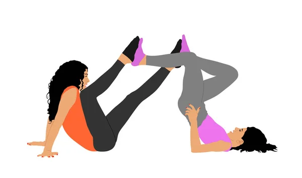 两个女孩的垫子练习 自行车放在地板上热身 病媒图解隔离在白色背景上 身体紧张 不停地挣扎 艺术姿势 积极健康的体育生活 热身伸展运动 — 图库矢量图片