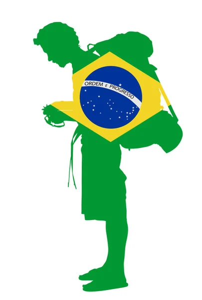 Bandeira Brasil Sobre Passageiro Com Ilustração Silhueta Vetorial Mochila Rapaz — Vetor de Stock