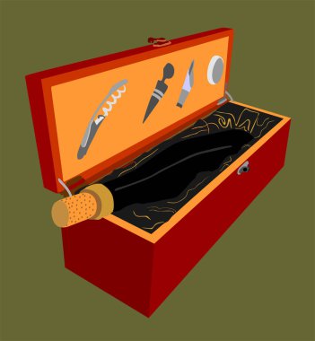  Arka planda izole edilmiş bir şişe şarap vektör illüstrasyonunu açmak için tahta hediye kutusu seti. Açılmış şarap servis aparatları. Sommelier aksesuarları..