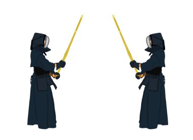 Kendo dövüşçüleri koruyucu giysiler ve beyaz arka planda izole edilmiş vektör illüstrasyonu ile düello yaparlar. Kendo spor disiplin eğitimi. Japonya 'dan geleneksel dövüş yeteneği. Japon kültürü.