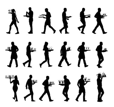 Garson, konuk vektör silueti için sipariş tepsisi tutuyor. Lokantadaki hizmetçi emir alıyor. Barda çalışan işçiler müşterilerine yiyecek ve içecek servisi yaparlar. Barmen misafiri karşılıyor. Kokteyl ve içecek..