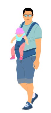 Yürüyen baba, küçük uyuyan kızı beyaz üzerinde izole edilmiş göğüs vektör illüstrasyonunda taşıyor. Ebeveyn ve kızı. Çocuğu tutan adam. Halkın içinde mutlu aile yakınlığı. Babamı seviyorum. Doğum günü kutlaması