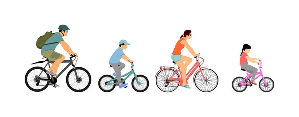 Fijne Familiefiets Samen Vectorillustratie Kleine Jongen Meisje Fietsen Met Ouders — Stockvector