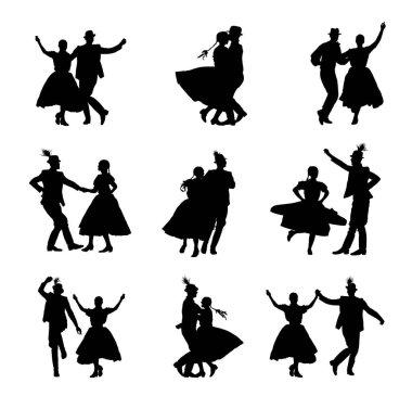 Macar halk dansçıları vektör siluetinde aşık çiftler. Almanya folklor Ekim festivali aktörleri. Doğu Avrupa 'dan geleneksel Avusturya düğün kültürü. Balkan dansı. Kadın ve erkek festivali. 
