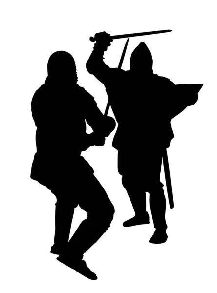 Chevaliers Armure Avec Épée Battent Silhouette Vectorielle Isolé Sur Blanc — Image vectorielle