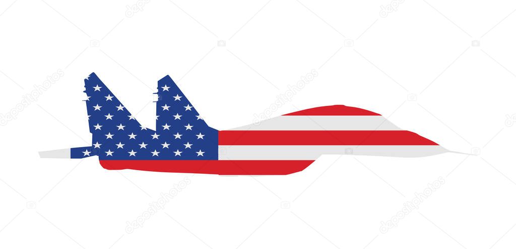 Jet fighter vector silhouette isolated on white background. Military plane with United States of America flag symbol. Aircraft with missile on duty patrol. USA flag over plane, national pride symbol.