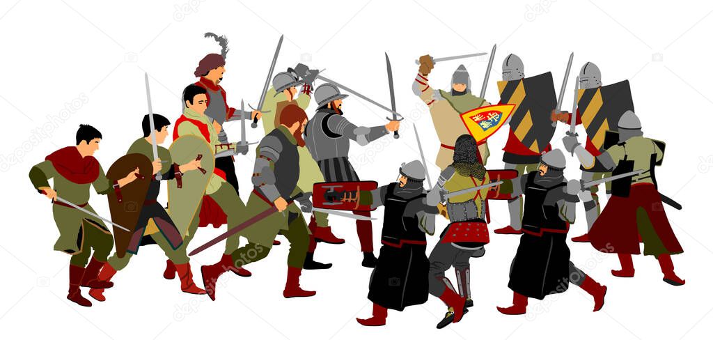 Knights in armor with sword fight vector illustration isolated on white. Medieval fighters in battle. Hero protects castle walls. Armed man defend honor of family people. Protect country against enemy.