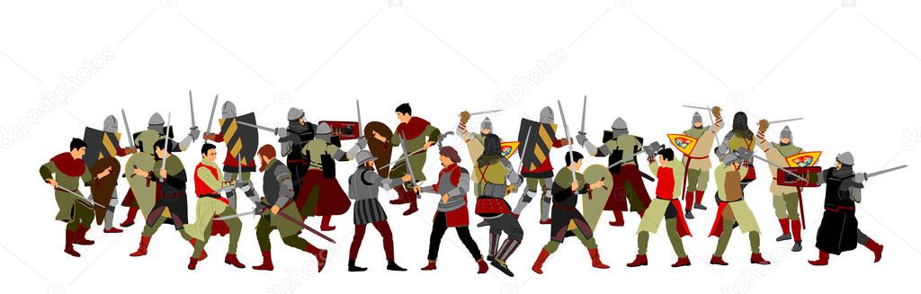 Knights in armor with sword fight vector illustration isolated on white. Medieval fighters in battle. Hero protects castle walls. Armed man defend honor of family people. Protect country against enemy.