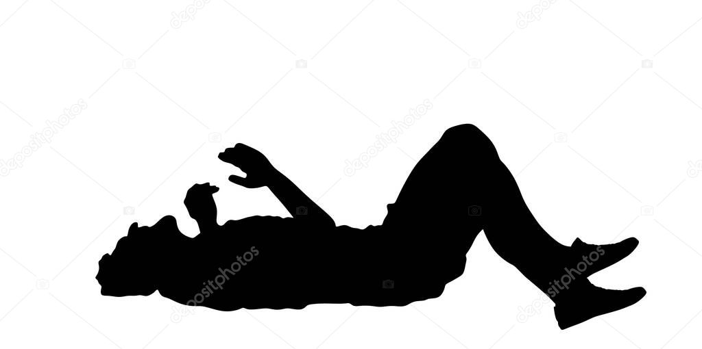 Man with injured leg lying down on the ground vector silhouette. Traffic accident patient after car crush needs medic help. First aid rescue victim. Sport boy needs doctor emergency after injury fall.
