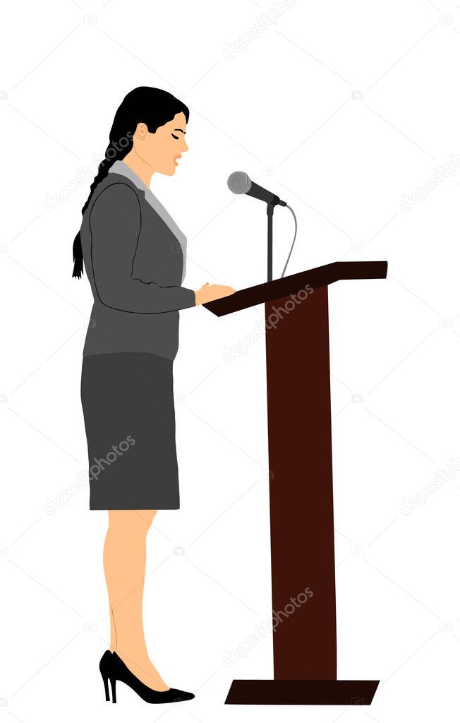Elegant politician woman opening meeting election campaign vector isolated on white. Ceremony vote event. Public speaker standing on podium.  Business lady speaking to public. Talking on microphone