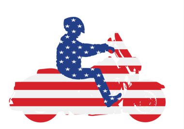 Amerika Birleşik Devletleri, asfalt vektör silüetinde motosiklet kullanan motosikletçinin bayrağını taşıyor. Özgürlük aktivitesi. Bisikletle yolculuk. Kasklı motosikletli bir adam. Motosikletli çocuk.