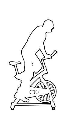 Adam egzersiz bisikletinin vektör çizgisi üzerinde çalışıyor. Jimnastik kardiyo eğitiminde bisiklete binmek. Kapalı mekanda bisiklet solucanları. Sporcu çocuk kilo veriyor. Spor hocası. Sabit bisiklete binen kişisel antrenör