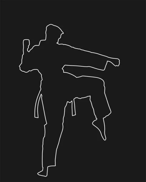 Combattant Karaté Homme Silhouette Contour Ligne Vectorielle Kimono Japon Art — Image vectorielle