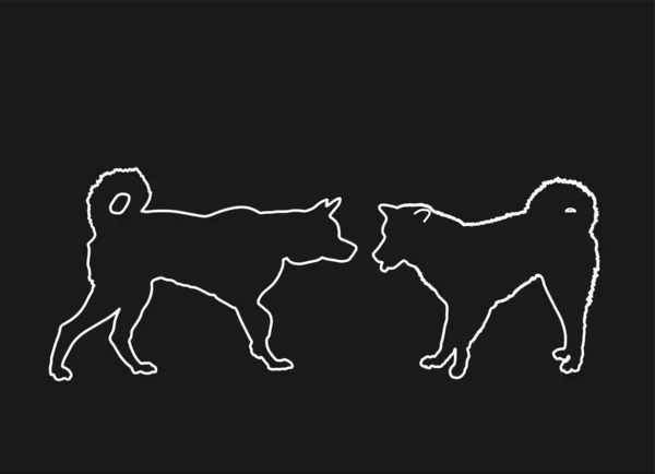 Birbirine Aşık Sibiryalı Husky Köpeği Çifti Vektör Çizgisi Siluet Çizimi — Stok Vektör