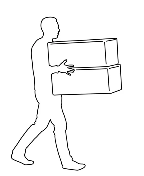 Teslimatçı Iyi Vektör Çizgisi Hatlarıyla Dolu Kutular Taşıyor Paketli Postacı — Stok Vektör