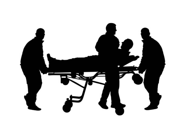 First aid crew help injured person after accident vector silhouette. Paramedics evacuate man by hospital stretcher trolley. Doctor helping people after body collapse. Health care lifeguard action.