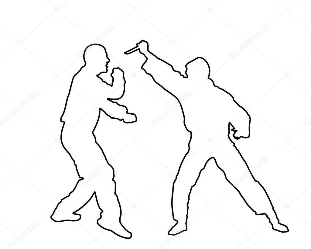 Self defense battle vector silhouette. Man fighting against aggressor with knife line contour. Karate real situation. Combat for life against terrorist. Army skill in action. Policeman arrest