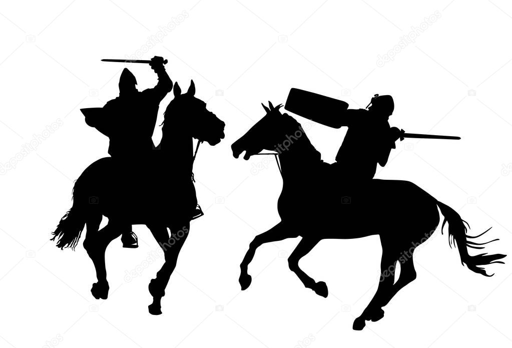 Knights in armor with sword and shield riding horse vector silhouette isolated. Horseman medieval fighters in battle. Cavalryman hero keeps castle walls. Calvary armed man defend country against enemy