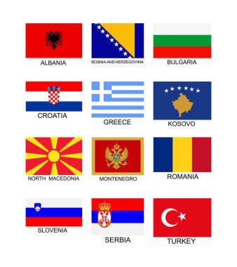 Balkan ülkelerinin bayrak toplama vektör illüstrasyonları beyaz zemin üzerinde izole edildi: Arnavutluk bayrağı, Bosna, Bulgaristan, Hırvatistan, Yunanistan, Kosova, Kuzey Makedonya, Karadağ, Romanya, Slovenya, Sırbistan, Türkiye.