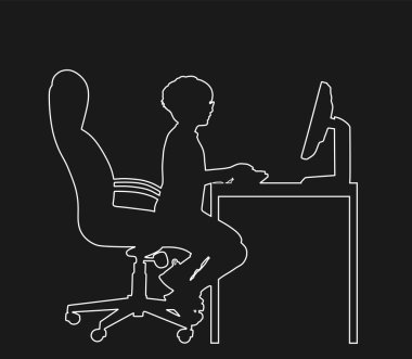 Oyuncu çocuk bilgisayar vektör çizgisinde oyun oynuyor siluet siyahta. Sanal oyuncu oturuyor ve bilgisayar izliyor. Okul çocuğu bağımlısı. Evde internet üzerinden çocuk öğrenimi. Siber çocuk sporu