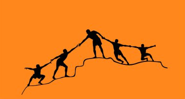 Tırmanışçılar, insan zincir takımı vektör silueti inşa ediyor. Adam arkadaşlarının tepeye tırmanmasına yardım eder. Birlikte sinerji konsepti. Felaket üstüne tahliye. Zor durumlarda işbirliği ve dayanışma.