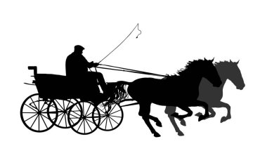 Horse carriages with coachman with whip in hand and two horses in gallop vector silhouette illustration isolated on white background. Wagoner in fast race. clipart