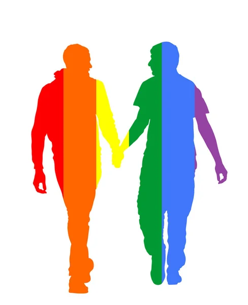 两个同性恋男孩走着和手牵着矢量轮廓插图 漂亮的同性恋夫妇在公众面前的温情 手牵手亲密 男人爱男人 同志骄傲标志的权利 Lgbt概念 — 图库矢量图片