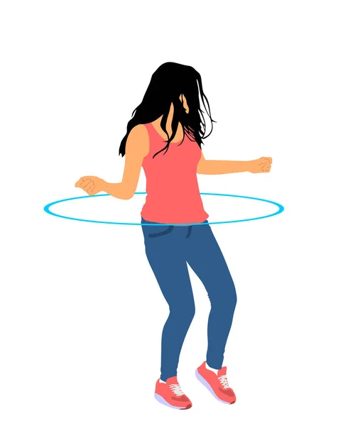 迷人的女孩运动与呼啦圈矢量图形孤立在白色背景 与呼啦圈玩具跳舞和减肥的漂亮女人很有趣 使用体育工具进行锻炼 — 图库矢量图片