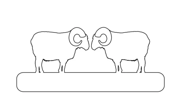 两个大角公羊在大块战斗矢量线轮廓上 在白色背景上孤立 愤怒和顽固的动物战斗 羊群在木桥上的冲突 — 图库矢量图片