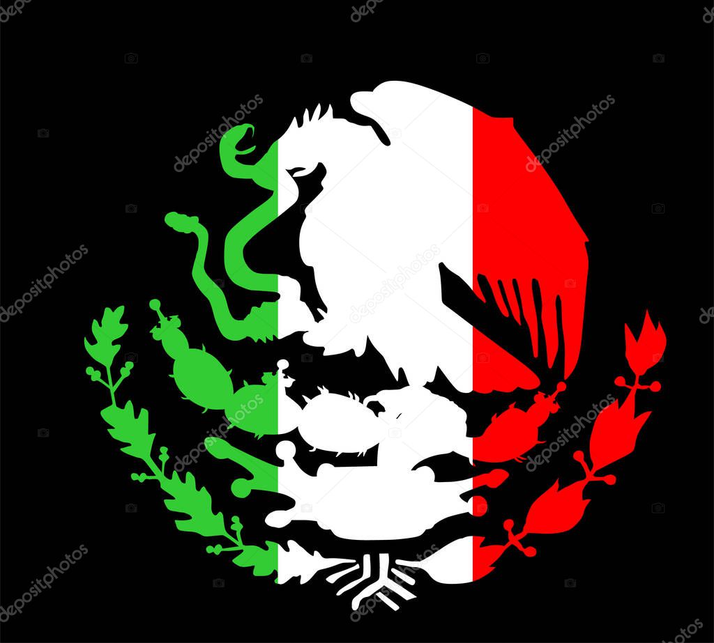 Mexico coat of arms vector, seal, national emblem, isolated on black background. Mexico flag over coat of arms. Wild eagle with sneak in mouth symbol.