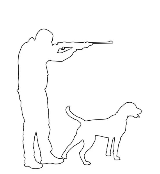 Hunter Con Perro Apuntando Con Silueta Contorno Línea Vectores Rifle — Archivo Imágenes Vectoriales