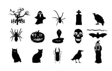 Cadılar Bayramı sembolleri vektör silüeti çizimi izole edildi. Balkabağı korkunç yüzü gülüyor. Jack O Lantern. Korkunç kuzgun, yılan, baykuş ve akbaba mezarlıkta. Korkunç bir üçüncü gece hayaleti. Kara kedi ve cadı.