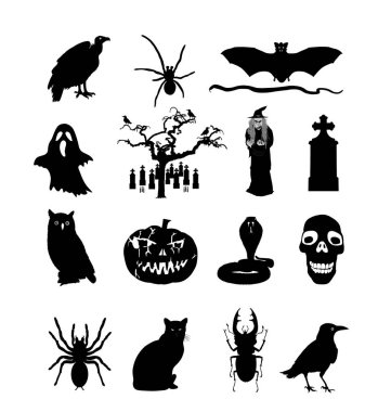 Cadılar Bayramı sembolleri vektör silüeti çizimi izole edildi. Balkabağı korkunç yüzü gülüyor. Jack O Lantern. Korkunç kuzgun, yılan, baykuş ve akbaba mezarlıkta. Korkunç bir üçüncü gece hayaleti. Kara kedi ve cadı.