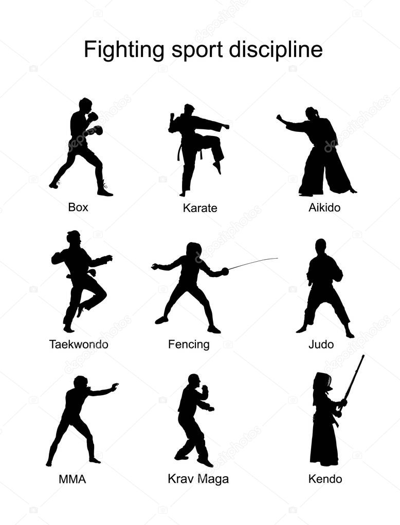 Fighting sport discipline collection vector silhouette illustration isolated on white background. Different martial sport. Fighter present skills. Self defense concept. Box, karate, aikido, taekwondo, judo...
