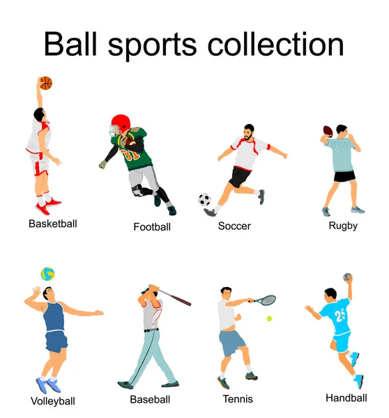 Ensemble Différents Joueurs Discipline Sportive Avec Illustration Vectorielle Balle Isolé — Image vectorielle
