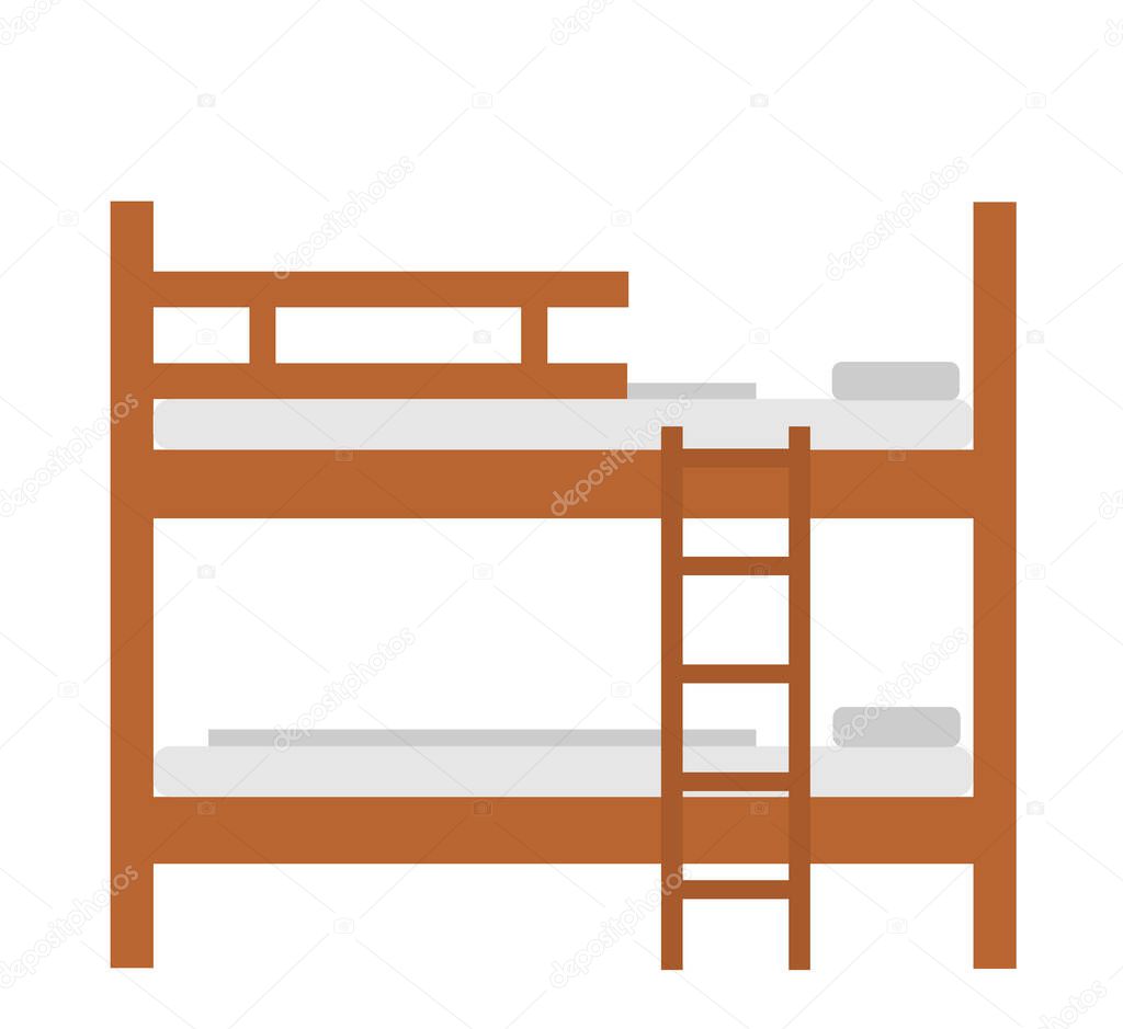 Bunk bed vector illustration isolated on white background. Double decker sleeping hostel bed.