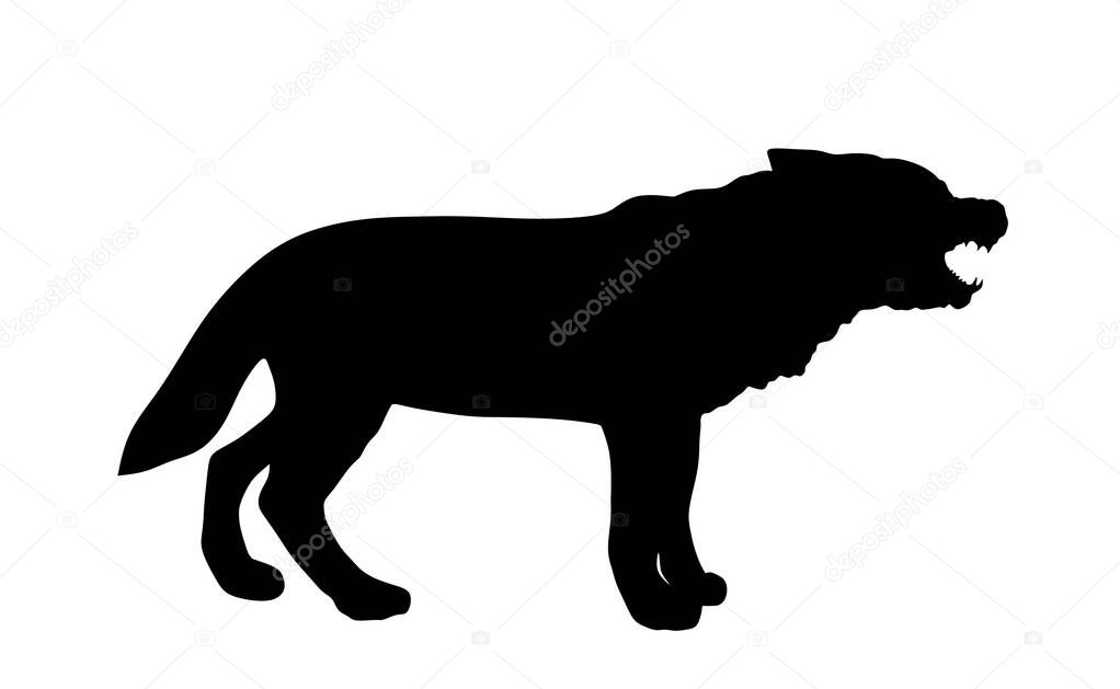 Wolf vector silhouette illustration isolated on white background. Angry predator animal with open jaws.  Wolf howls.
