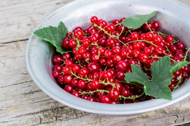 Frenk üzümü eski rustik ahşap masa arka plan üzerinde metal kapta. Kopya alanı, üstten görünüm