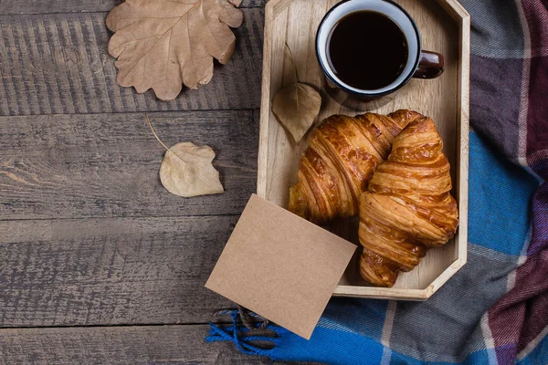 Autumn Composition Black Coffee Croissants Empty Craft Paper Card Tray — Stock Photo, Image