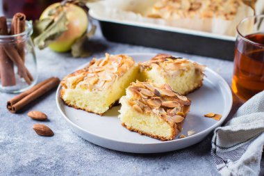 Elma ve badem pul ile ev yapımı pasta parçaları. Norveç Bisküvi pasta taş beton tablo arka plan üzerinde.