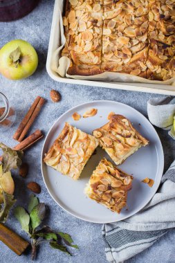 Ev yapımı pasta elma ve badem pul ile. Norveç Bisküvi pasta taş beton tablo arka plan üzerinde.