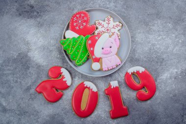 Noel, yeni yıl 2019 kart kavramı. Zencefil bisküvi numaraları formun 2019 ve çeşitli kurabiye plaka taş üzerinde gri arka plan beton. Üstten görünüm. Düz Lay.